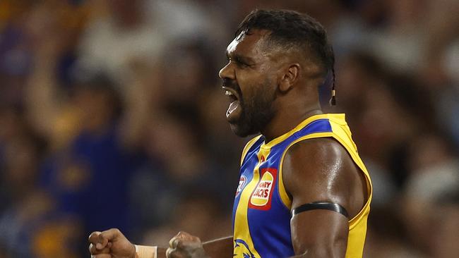 MELBOURNE, AUSTRALIA - MARCH 18: Liam Ryan of the Eagles celebrates kicking a goal during the round one AFL match between North Melbourne Kangaroos and West Coast Eagles at Marvel Stadium, on March 18, 2023, in Melbourne, Australia. (Photo by Daniel Pockett/Getty Images)