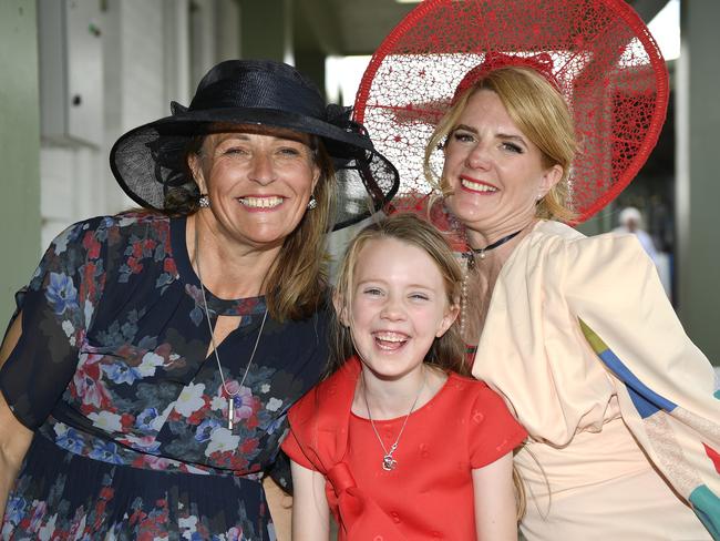 Ladbrokes Sale Cup. Racegoers are pictured attending Cup Day horse races at Sale Turf Club, Sunday 27th October 2024. Jackie Belot, Isla and Alicia Laurie. Picture: Andrew Batsch