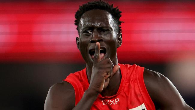 MELBOURNE, AUSTRALIA - AUGUST 10: Mac Andrew of the Suns celebrates a goal after the siren to win the game for the Suns during the round 22 AFL match between Essendon Bombers and Gold Coast Suns at Marvel Stadium, on August 10, 2024, in Melbourne, Australia. (Photo by Jonathan DiMaggio/Getty Images)