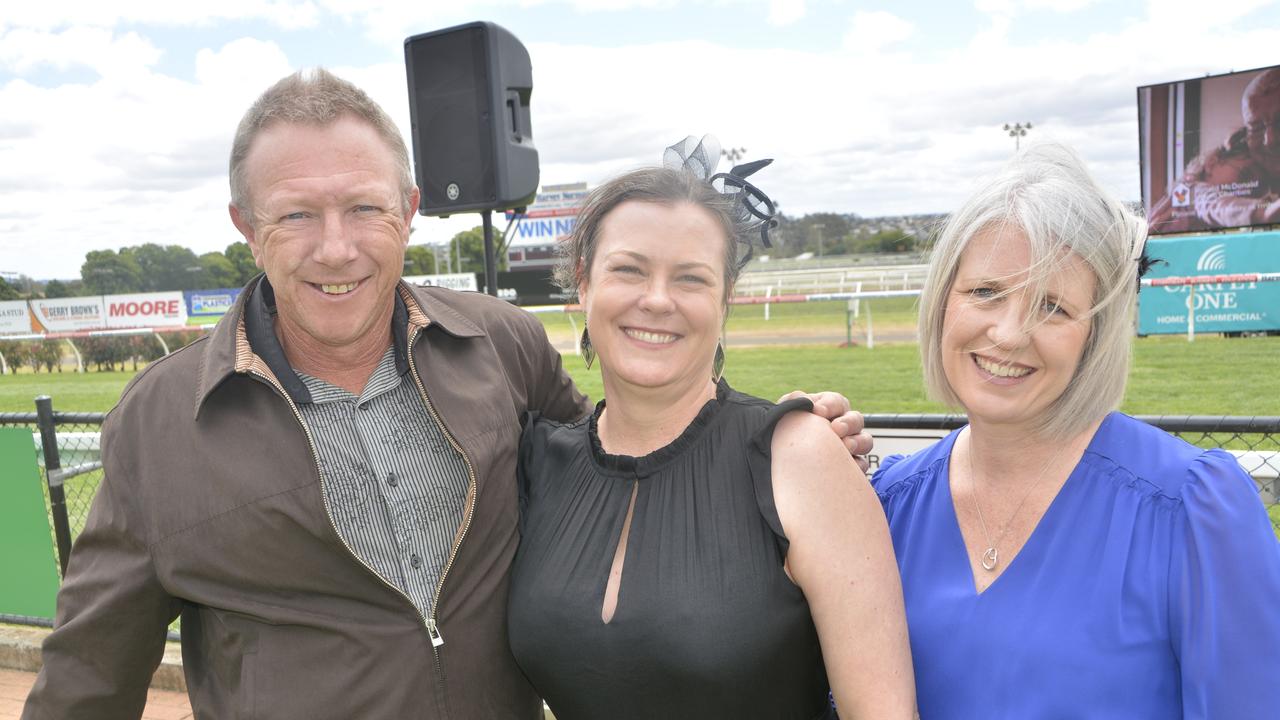 John Gibson, Emma Page and Michelle Rae at the 2023 Audi Centre Toowoomba Weetwood race day at Clifford Park Racecourse.