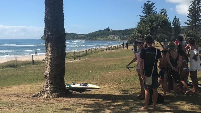 ”Good to be alive,” surf instructor Dave Sharp captioned this picture, posted on Instagram after he and a group of mates were ‘circled’ by a shark at Seven Mile Beach, Lennox Head. Picture: Dave Sharp