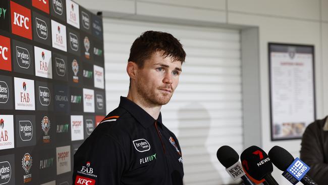 Wests Tigers star John Bateman confirms the players held a closed-doors meeting, vowing to focus on avoiding back-to-back wooden spoons. Picture: Richard Dobson.