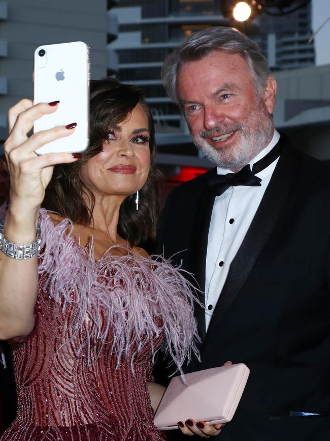 Foxtel star Sam Neill and Lisa Wilkinson stopped for a selfie. Picture: Matrix