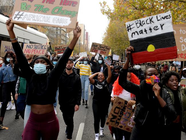 ADELAIDE, AUSTRALIA - JUNE 06: Protesters march in solidarity with protests in the United States on June 06, 2020 in Adelaide, Australia. Events across Australia have been organised in solidarity with protests in the United States following the killing of an unarmed black man George Floyd at the hands of a police officer in Minneapolis, Minnesota and to rally against aboriginal deaths in custody in Australia. (Photo by Tracey Nearmy/Getty Images)