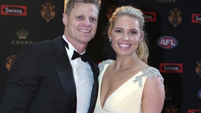 Saints legend Nick Riewoldt, with wife Catherine, says the Tigers are this year’s Bulldogs. Picture: AAP Image/Luis Ascui