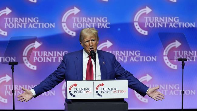 Republican presidential nominee former President Donald Trump speaks during a campaign rally at Thomas &amp; Mack Center in Las Vegas. Picture: John Locher