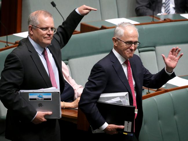 Scott Morrison and Malcolm Turnbull enter the chamber for Question Time shortly before Turnbull lost the Liberal leadership. Picture: Ray Strange