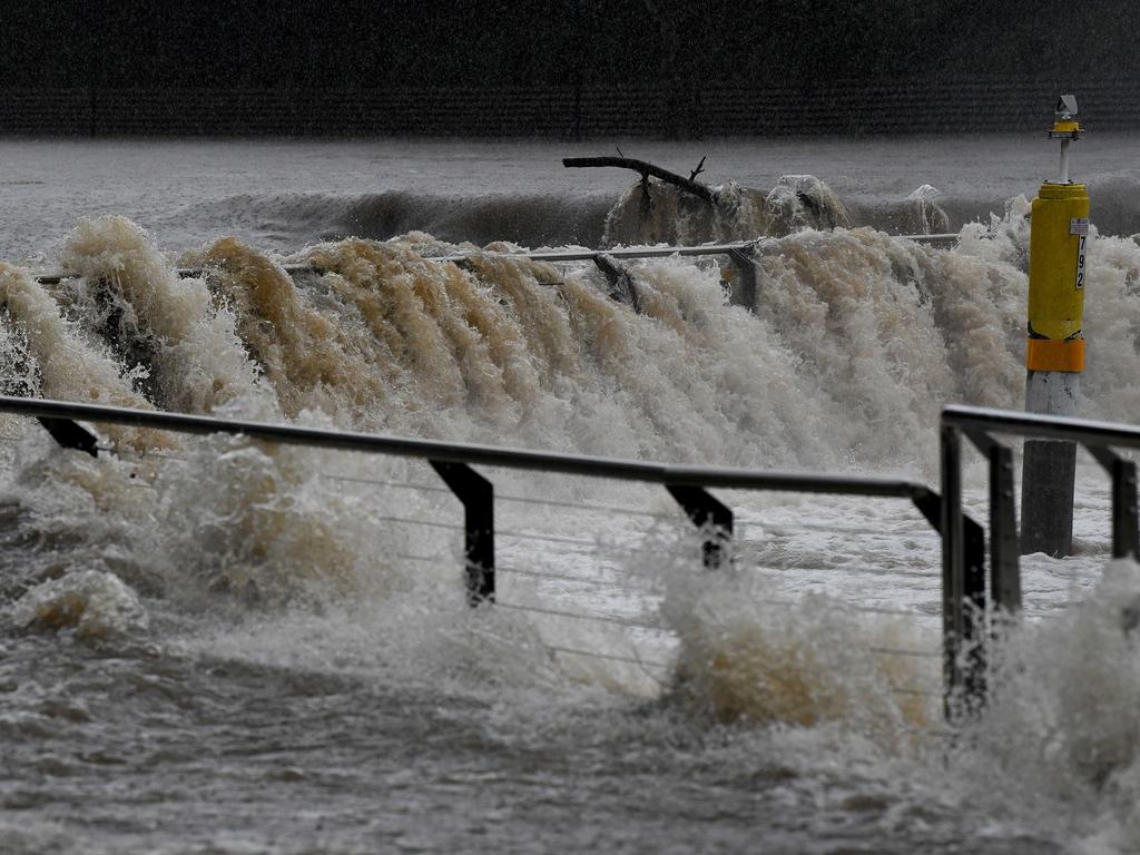 The banks of the Parramatta River overflowing at the Charles St weir and ferry wharf, at Parramatta in Sydney. Picture: NCA NewsWire/Bianca De Marchi