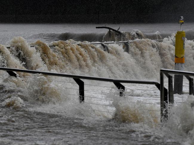 The banks of the Parramatta River overflowing at the Charles St weir and ferry wharf, at Parramatta in Sydney. Picture: NCA NewsWire/Bianca De Marchi