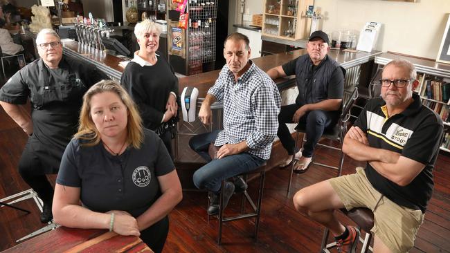 Duke of Brunswick owner Simone Douglas, with Nicolle Hahn from Pony &amp; Cole, Two Accents Gin’s Laurie Bilby, Dave O’Connell from the Dog &amp; Duck, Andrew Friebe of Maximilians and Damian Peterson from the Hotel Metropolitan say they can’t bear current restrictions any longer. Picture: Dean Martin