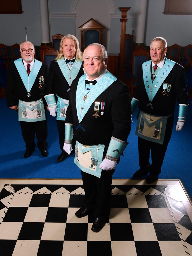 Freemasons Director of Ceremonies Darryl Jones and Worshipful Masters Robert Jennings,Craig Mitchell and Jim Greenfield inside their Edwardstown Masonic Lodge. Picture: AAP/Mark Brake