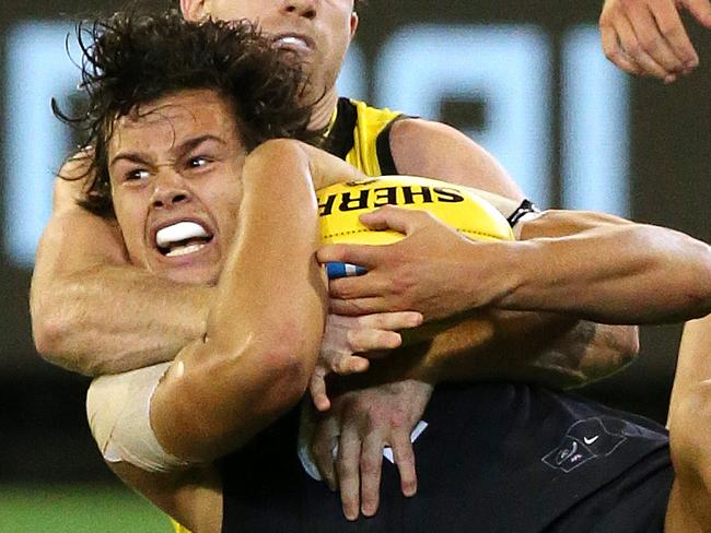 AFL : Round 1,  Carlton vs. Richmond at the M.C.G., 23rd March , Melbourne Australia.  Carlton's Jack Silvagni takes a mark in fourth quarter , but not paid to the disappointment of SilvagniPicture : George Salpigtidis