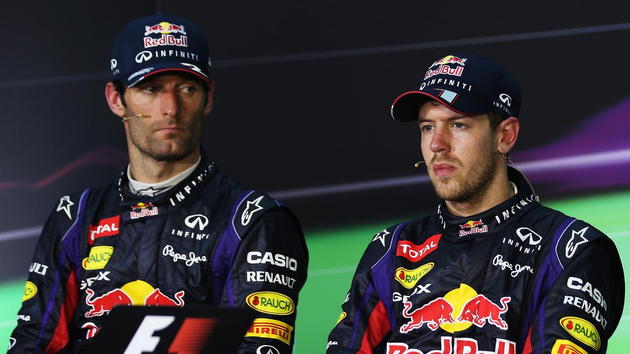 Mark Webber eyeballs race winner Sebastian Vettel after their Sepang controversy.