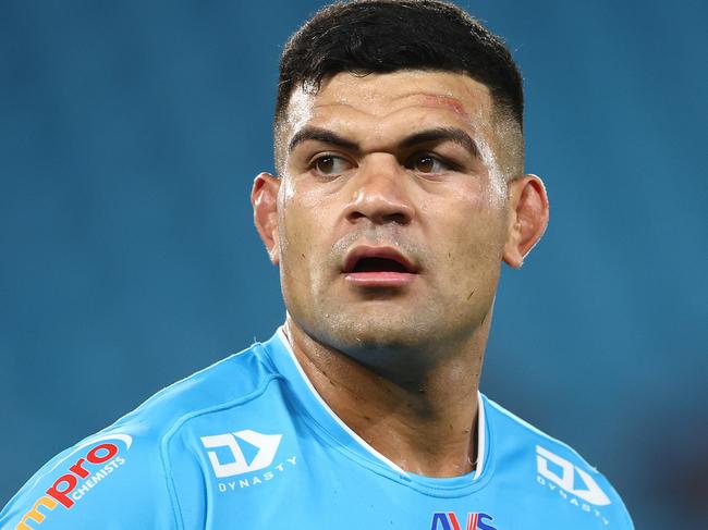 GOLD COAST, AUSTRALIA - MARCH 30: David Fifita of the Titans looks on during the round four NRL match between Gold Coast Titans and Dolphins at Cbus Super Stadium, on March 30, 2024, in Gold Coast, Australia. (Photo by Chris Hyde/Getty Images)