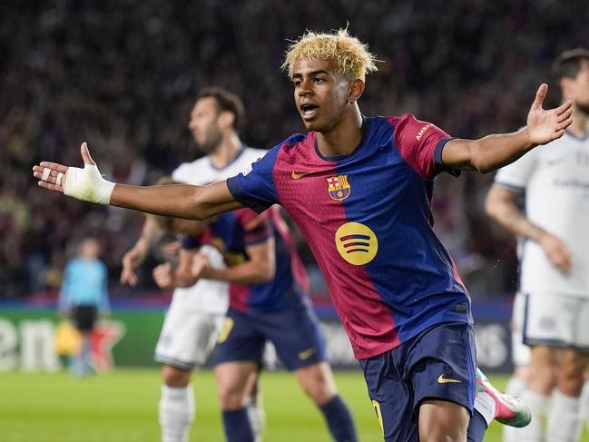 Barcelona's Lamine Yamal celebrates after scoring during the Champions League semifinal first leg soccer match between Barcelona and Inter Milan in Barcelona, Spain, Wednesday, April 30, 2025. AP Photo/Emilio Morenatti)