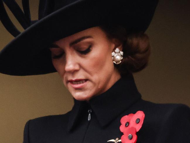 Britain's Catherine, Princess of Wales reacts as she attends the Remembrance Sunday ceremony at the Cenotaph on Whitehall in central London, on November 12, 2023. Remembrance Sunday is an annual commemoration held on the closest Sunday to Armistice Day, November 11, the anniversary of the end of the First World War and services across Commonwealth countries remember servicemen and women who have fallen in the line of duty since WWI. (Photo by HENRY NICHOLLS / POOL / AFP)