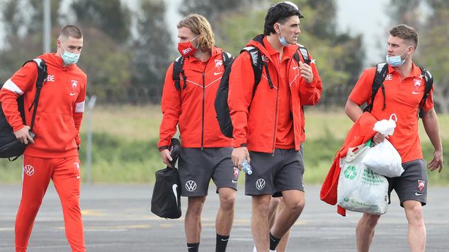 Sydney players at Brisbane airport on Thursday. Picture: Liam Kidston