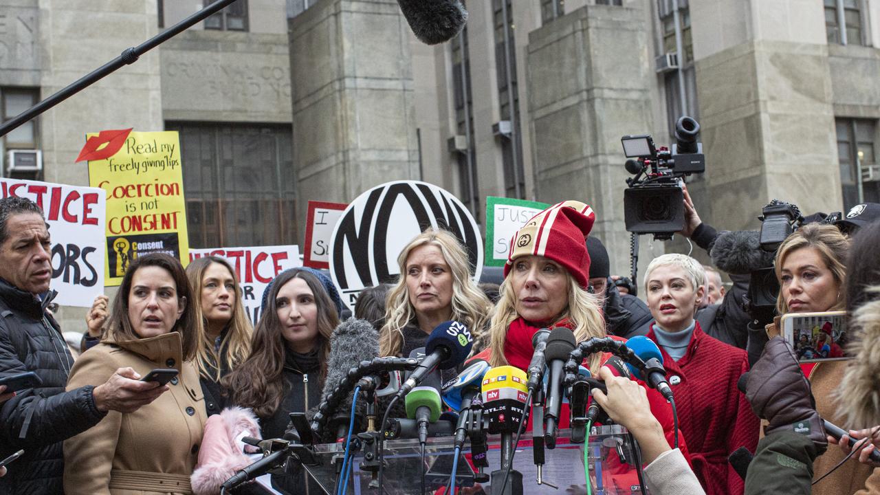 Rosanna Arquette, who has accused Weinstein of threatening her career after she refused his advances, speaks to the media with other accusers outside the court on January 6, 2020 in New York City. Picture: Kena Betancur/Getty Images.