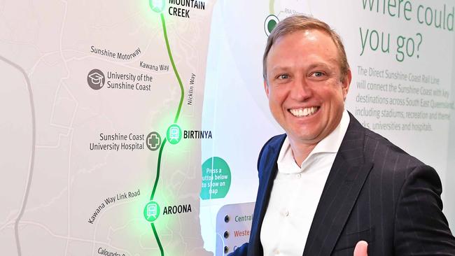 Premier Steven Miles, Deputy Premier Cameron Dick, Transport Minister Bart Mellish and LNP Marty Hunt have officially open a new information and engagement centre for the Sunshine Coast Direct Rail, Caloundra. Picture: Patrick Woods.