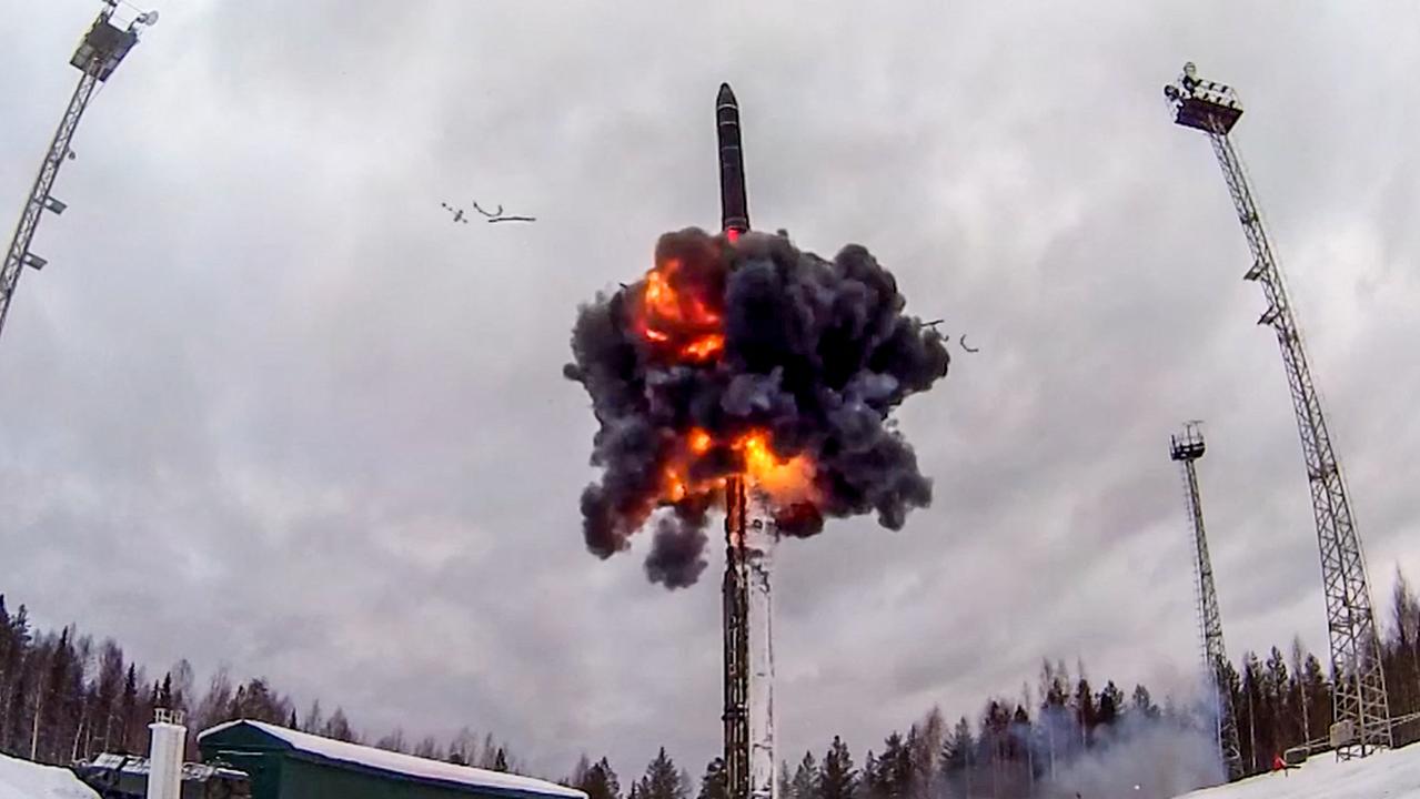 This handout video grab released by the Russian Defence Ministry on February 19 shows a Yars intercontinental ballistic missile launching during a training launch as part of the Grom-2022 Strategic Deterrence Force exercise at an undefined location in Russia. Picture: Handout/Russian Defence Ministry/AFP