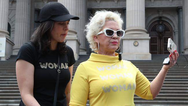 British anti-trans campaigner Kellie-Jay Keen-Minshull (right) with Victorian Liberal MP Moira Deeming (left) at Melbourne's Let Women Speak rally. Picture: NCA NewsWire / David Crosling