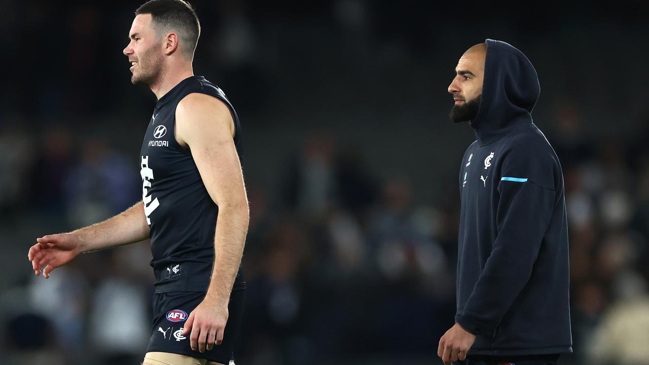 Mitch McGovern (left) and Adam Saad were struck down by hamstring injuries in Carlton’s loss to Adelaide last week. Picture: Quinn Rooney / Getty Images