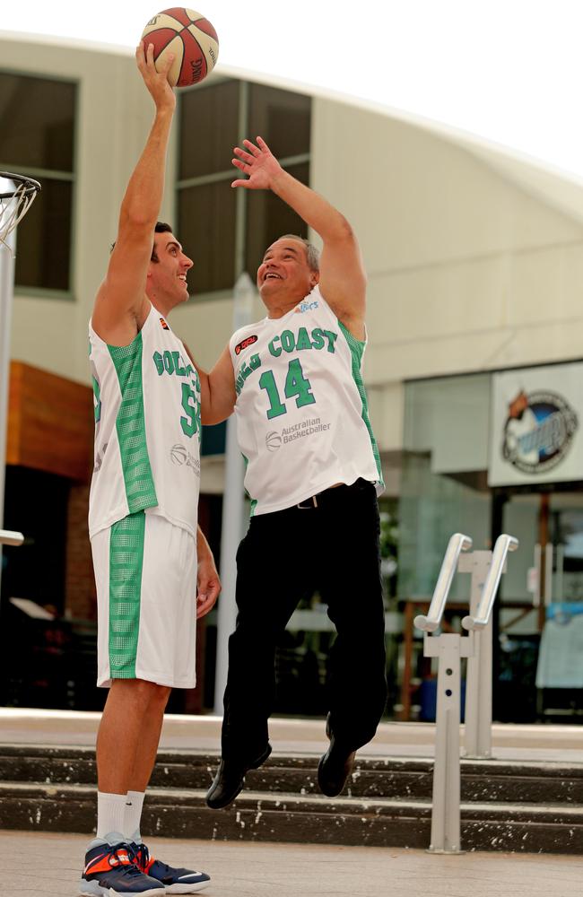 Gold Coast Mayor Tom Tate playing against former Gold Coast Blaze player Jaydan Tom at the Broadbeach Mall in 2015. Picture: Tim Marsden