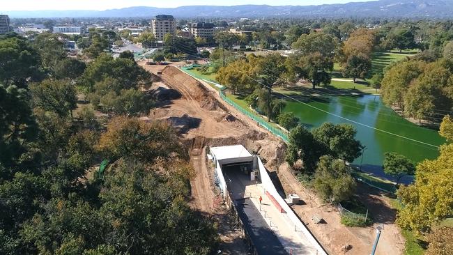 An aerial image of the O-Bahn tunnel being built in Rymill Park. Picture: MARCUS at Swoopcam