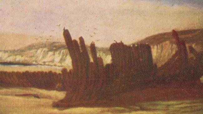 Painting of the Mahogany ship by T. Clarke circa 1860. The ship was sighted in dunes near Warrnambool in 1846 but has not been seen since. Picture: SLV.