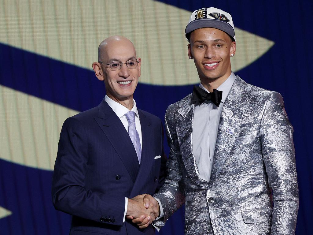 NBA commissioner Adam Silver (L) and Dyson Daniels on stage in New York. Picture: Sarah Stier/Getty Images