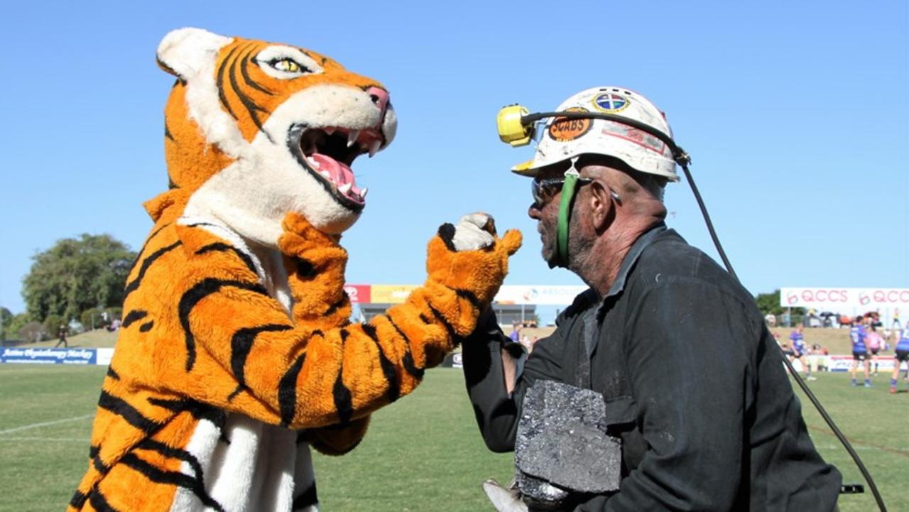 Les Scott (right) pictured in his 'Merv the Miner' mascot outfit, is running for a councillor position at Mackay Regional Council in the 2024 election. Picture: Contributed