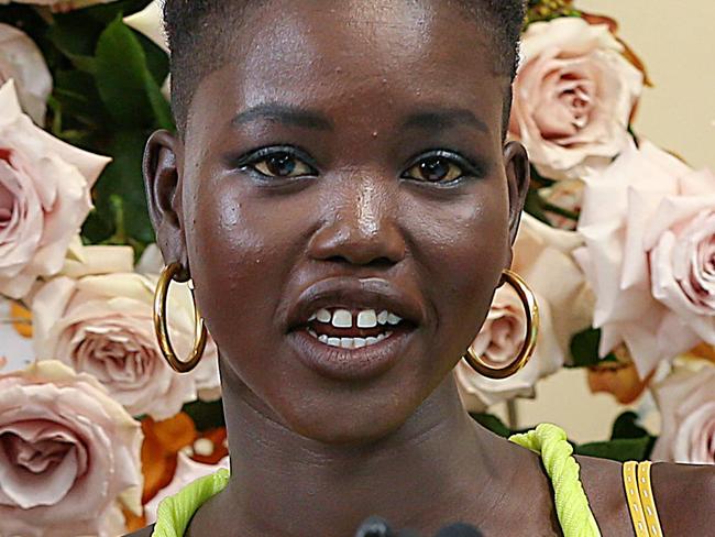 Announcement of international supermodel model Adut Akech as Ambassador of Melbourne Fashion Week 2019. Adut is pictured poolside at the Melbourne City Baths with Lord Mayor Sally Capp. Picture : Ian Currie