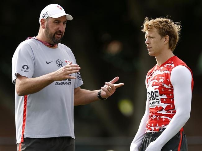Swans captain Callum Mills is on the verge of his AFL return if he gets through one final training session on Thursday. Picture: Phil Hillyard