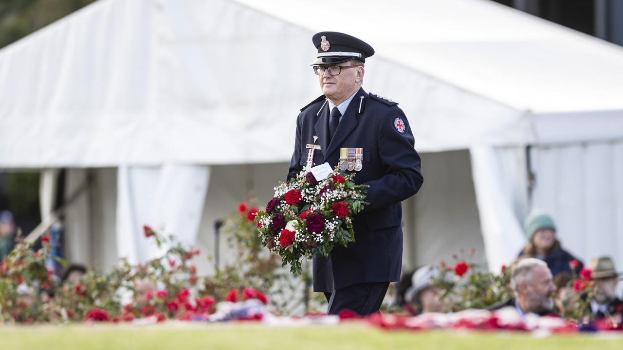 Stephen Johns on behalf of the Queensland Ambulance Service at the Citizens' Wreath Laying Ceremony on Anzac Day at the Mothers' Memorial, Tuesday, April 25, 2023. Picture: Kevin Farmer