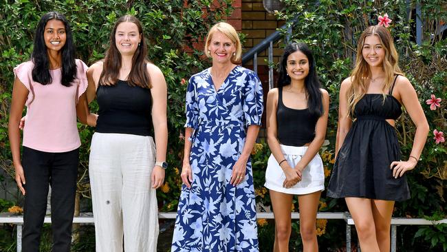 St Aidan’s Anglican Girls’ School students Sanuli Ranatunga, Lucy Bristow, Shreya Jayaram, and Isla Williams with principal Toni Riordan (centre). Picture: John Gass