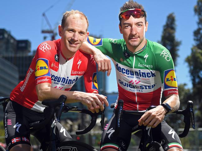 Elia Viviani (right) and Michael Morkov at the TDU Village. Picture: TOM HUNTLEY