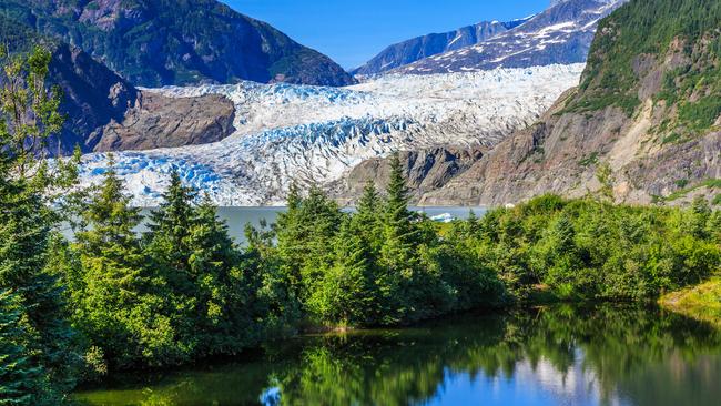 Mendenhall Glacier flows almost to the sea north of Juneau.