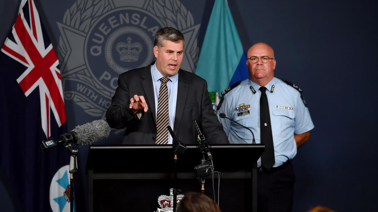 Police Minister Mark Ryan and Assistant Commissioner Brian Codd speak to the media at Police headquarters in Roma street on Thursday, January 28, 2021. Picture: John Gass