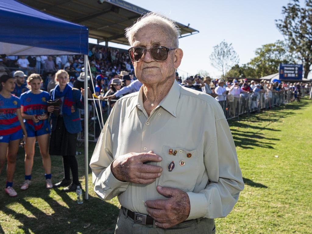 91-year-old Downlands First XV 1952 captain Kevin Farlow as Downlands take on Grammar in the O'Callaghan Cup. Picture: Kevin Farmer