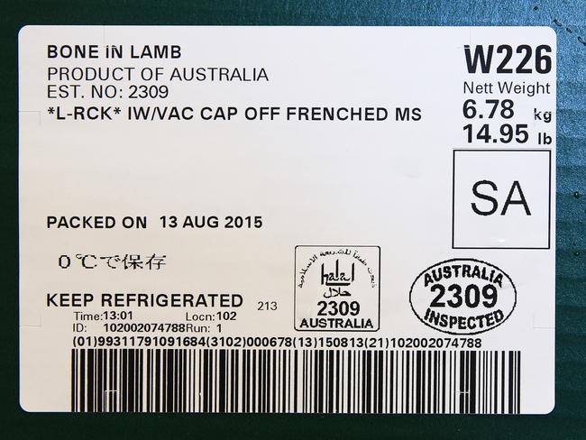 Packaging showing the certified halal lamb. Picture: Toby Zerna