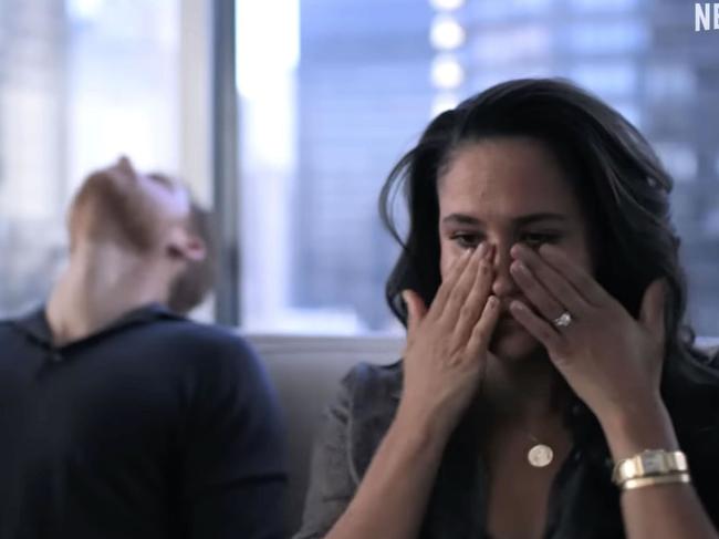 Meghan Markle sheds tears in the docuseries trailer. Picture: Netflix