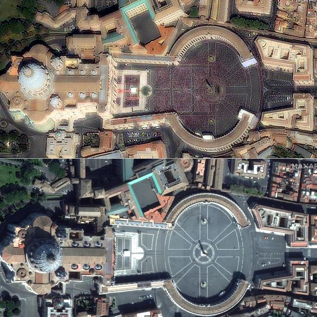 A satellite image comparison showing St Peter’s Square on Palm Sunday in 2011 (top) and Sunday, April 5, 2020. Picture: AFP