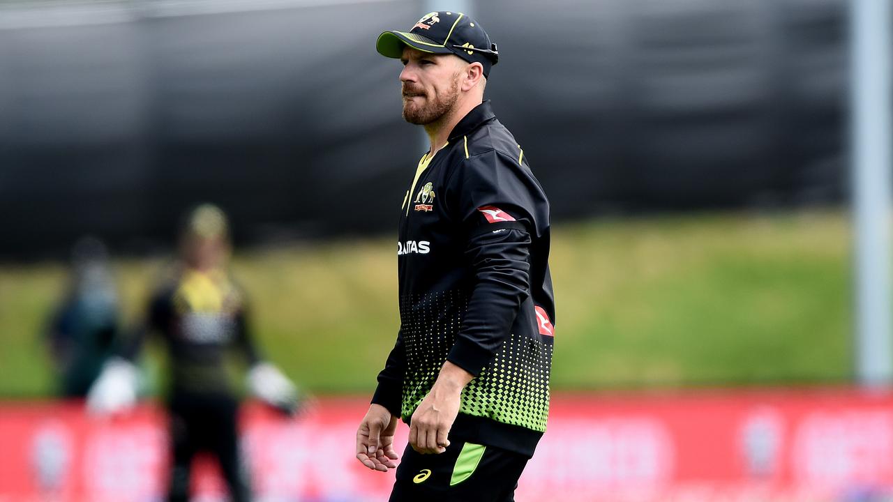 DUNEDIN, NEW ZEALAND - FEBRUARY 25: Aaron Finch of Australia looks on during game two of the International T20 series between New Zealand and Australia at University of Otago Oval on February 25, 2021 in Dunedin, New Zealand. (Photo by Joe Allison/Getty Images)