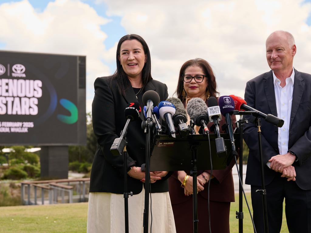 Tanya Hosch, middle, with Laura Kane and Richard Goyder during the Indigenous All Stars media announcement last year. Picture: Stefan Gosatti/AFL Photos