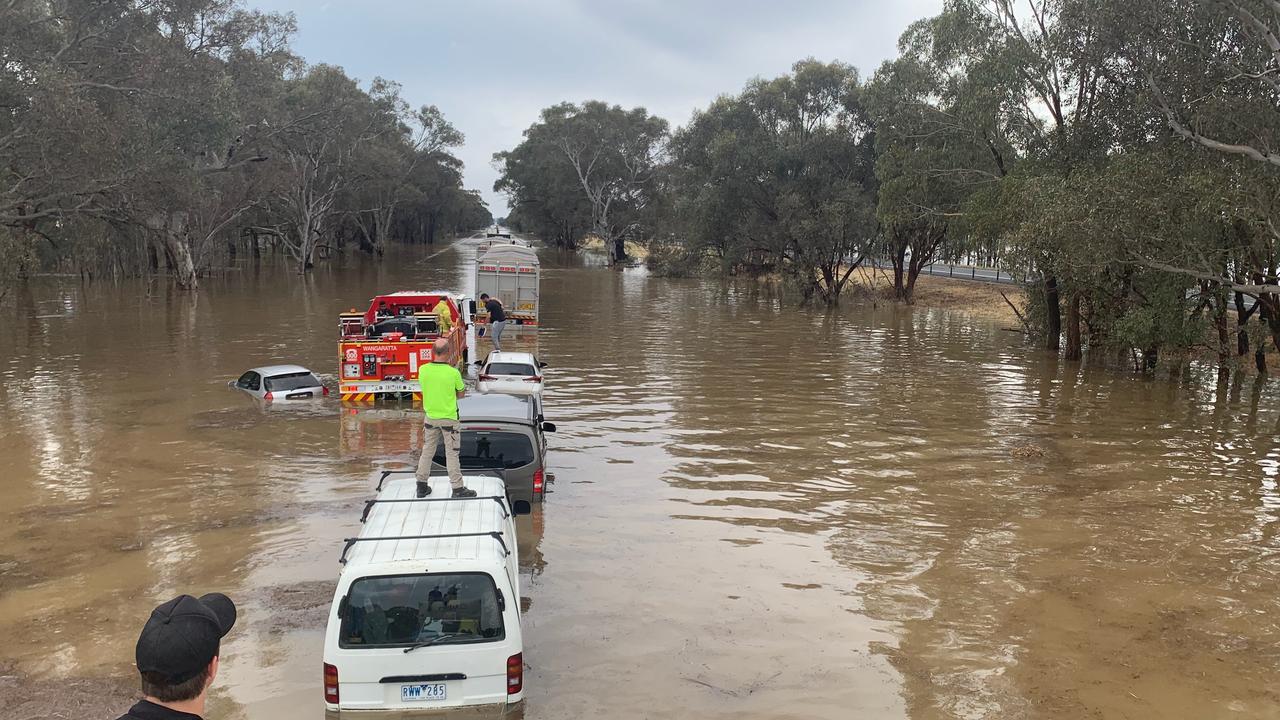 Flooding on the Hume Freeway near Wangaratta in Victoria. Picture: Taylor McPhail 