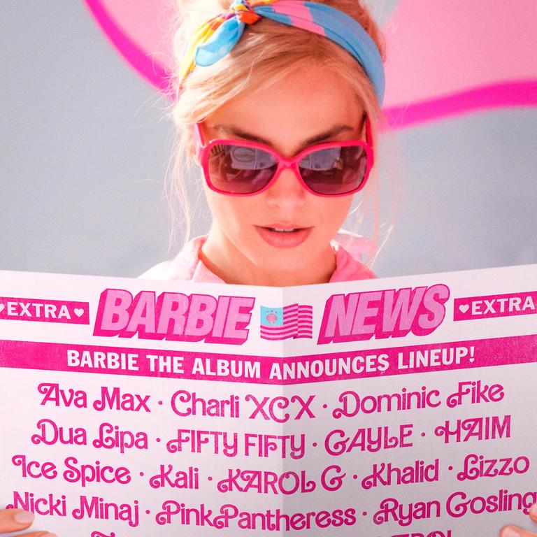 Margot Robbie with Barbie The Album track listing. Picture: Supplied.