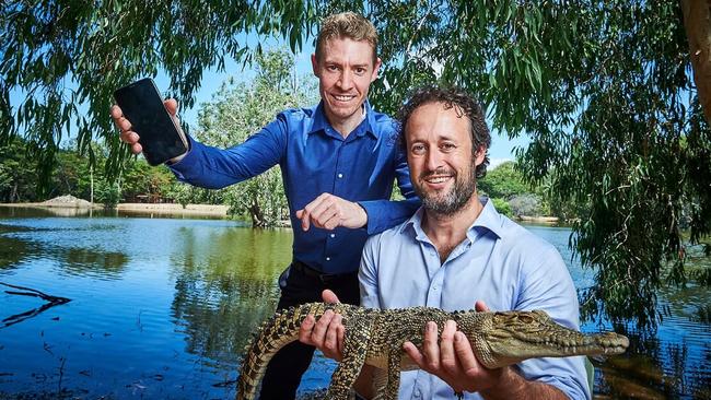 L to R, Chris Hardie and Gareck Packer from QWildlife, Billabong Sanctuary Crocodile – Photo Supplied