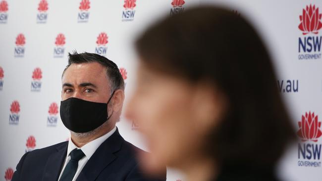 NSW Deputy Premier John Barilaro looks on as Premier Gladys Berejiklian takes questions on August 27.