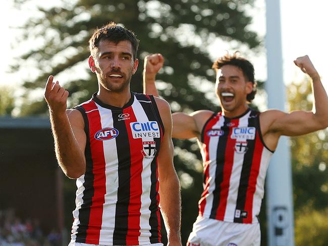 ADELAIDE, AUSTRALIA - APRIL 07: Riley Bonner of the Saints celebrates a goal with Mitch Owens of the Saints during the 2024 AFL Round 04 match between the Richmond Tigers and the St Kilda Saints at Norwood Oval on April 07, 2024 in Adelaide, Australia. (Photo by Sarah Reed/AFL Photos via Getty Images)