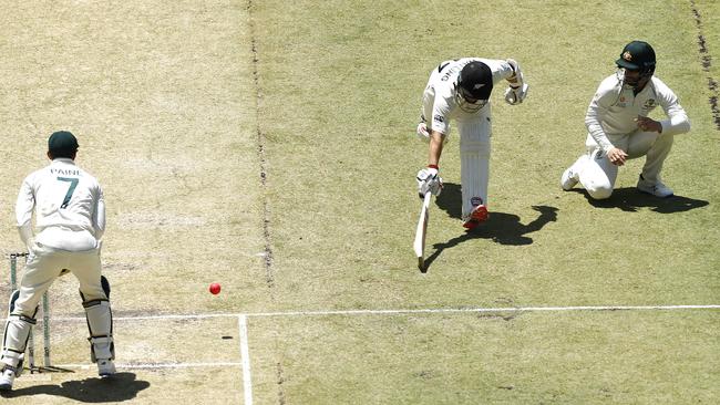 Tim Paine misses a run-out opportunity as BJ Watling scrambles back into his crease. Picture: Getty Images